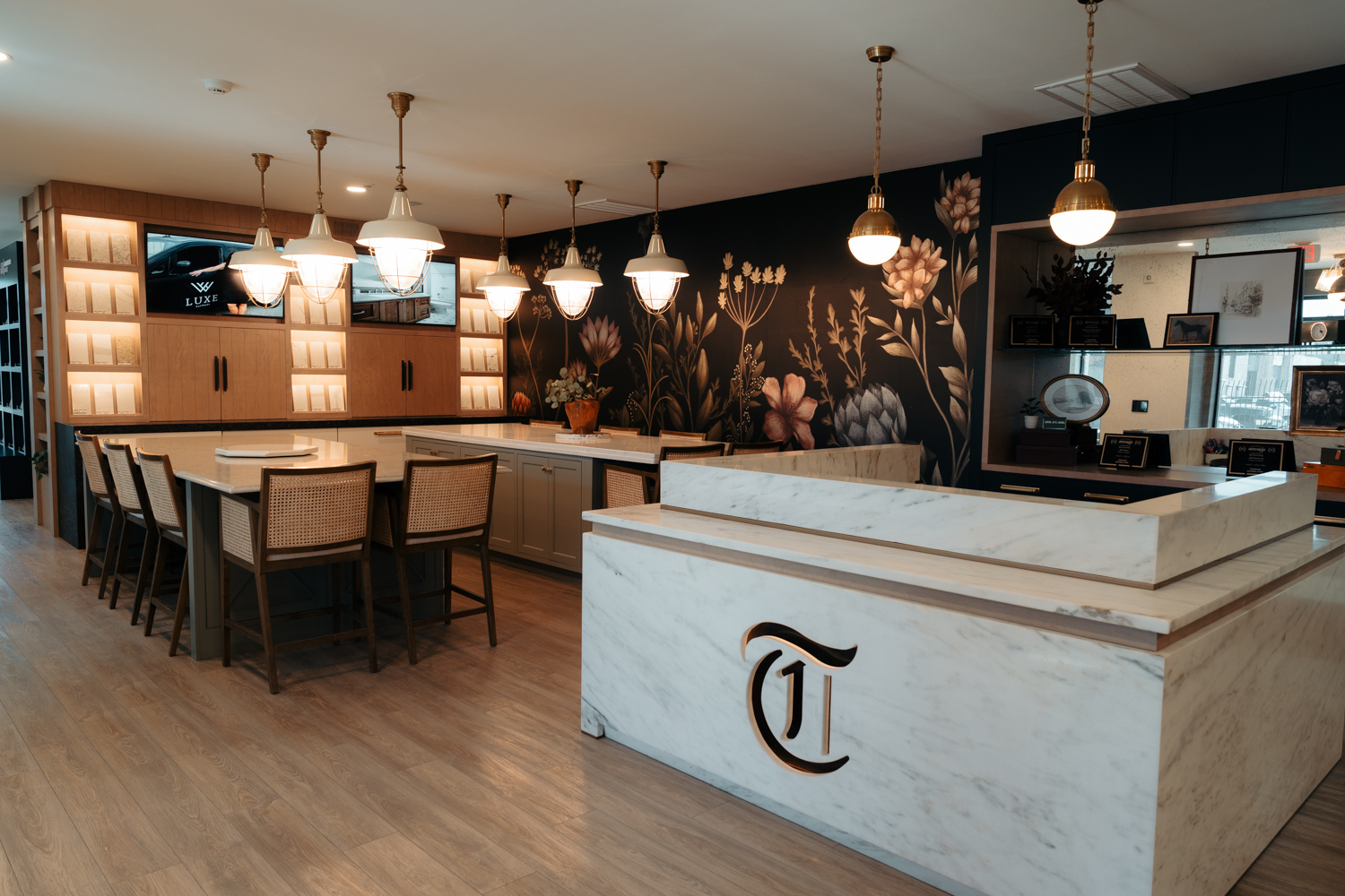 Trademark showroom with stone display and gathering table